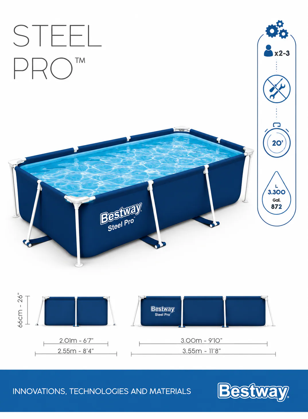 Bestway Steel Pro Rectangular Frame Pool 3.00 × 2.01 × 0.66m, 3300L – Model 56404 2