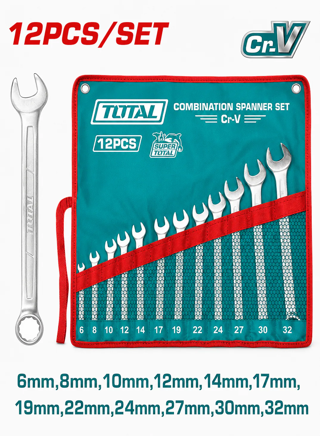 TOTAL 12-Piece Combination Spanner Set 6–32mm with Canvas Bag