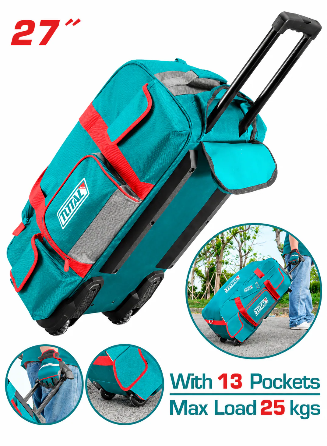 TOTAL 27" Industrial Rolling Tool Bag with Wheels – 13 Pockets