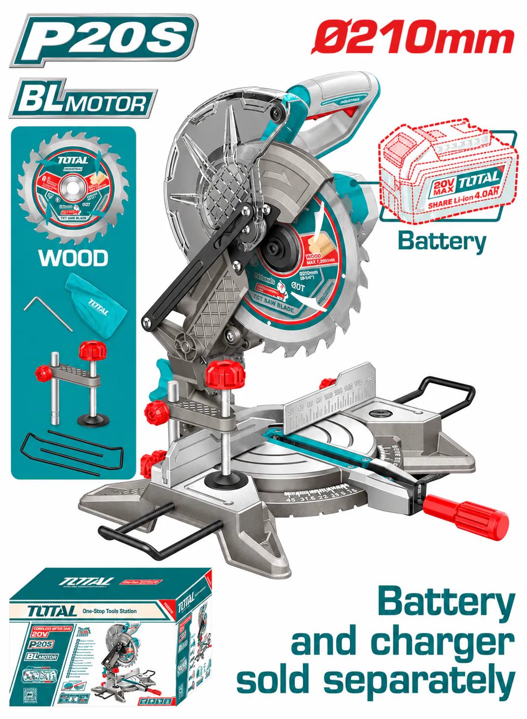 TOTAL 20V Brushless Cordless Miter Saw – 210mm (8-1/4") (Tool Only)