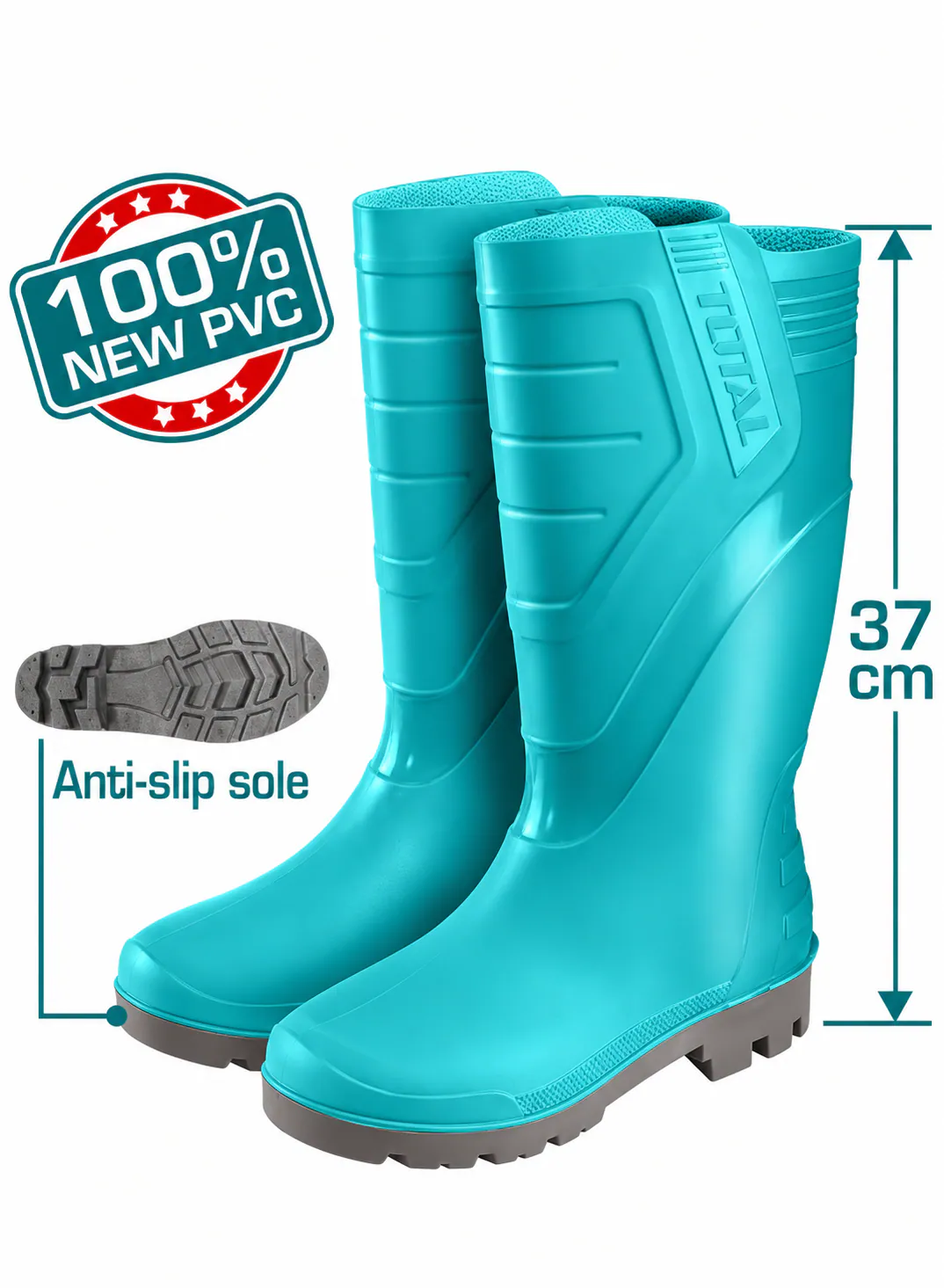 TOTAL PVC Rain Boots – 100% New PVC – 37cm Height – Anti-Slip Sole – Heavy-Duty Waterproof Industrial Work Boots – Outdoor Protective Footwear