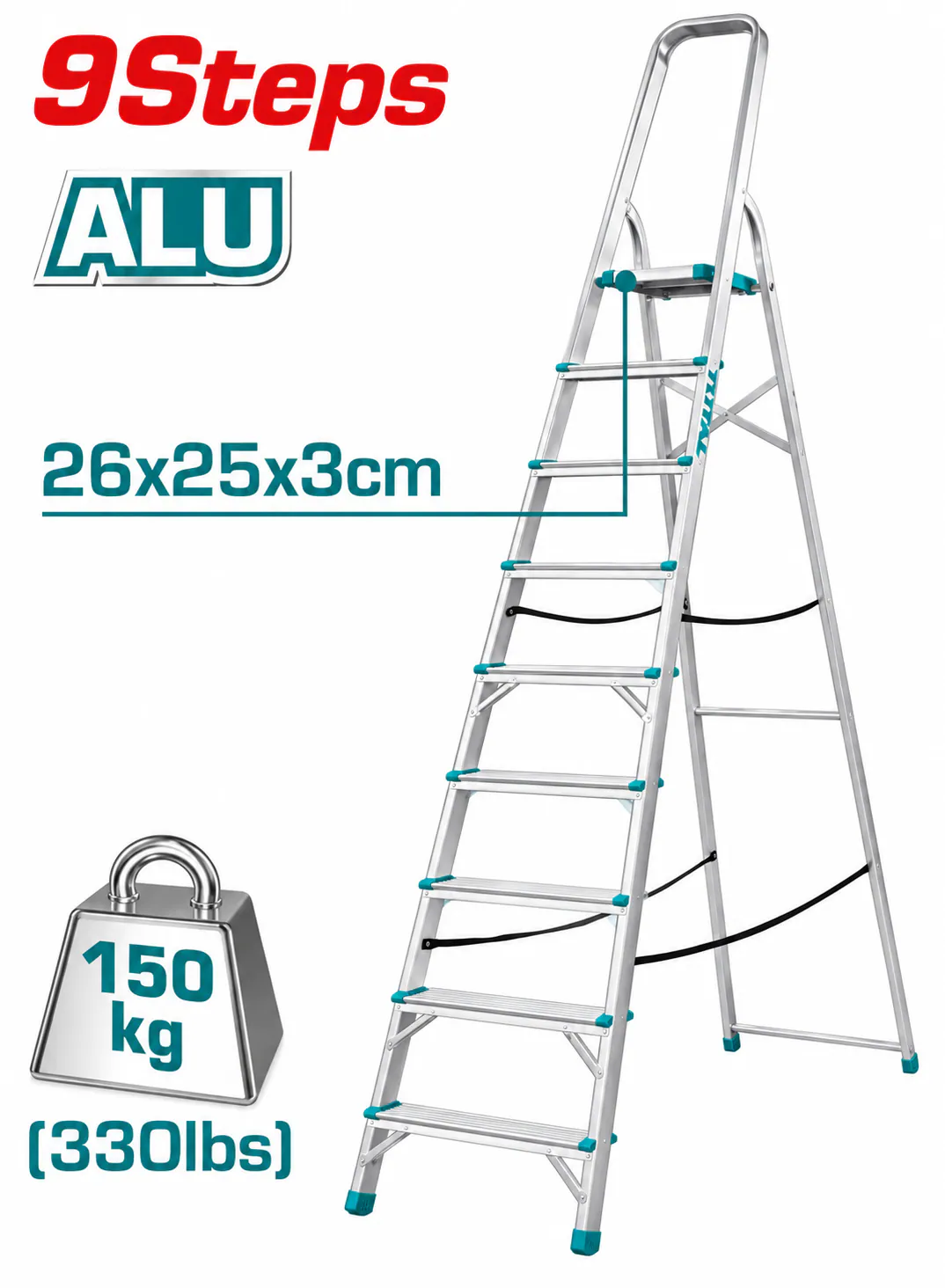 TOTAL 9-Step Aluminum Household Ladder – 150kg (330lbs) Load Capacity – 26×25×3cm Top Platform – Foldable A-Frame Step Ladder with Safety Handrail – Heavy-Duty Home Ladder