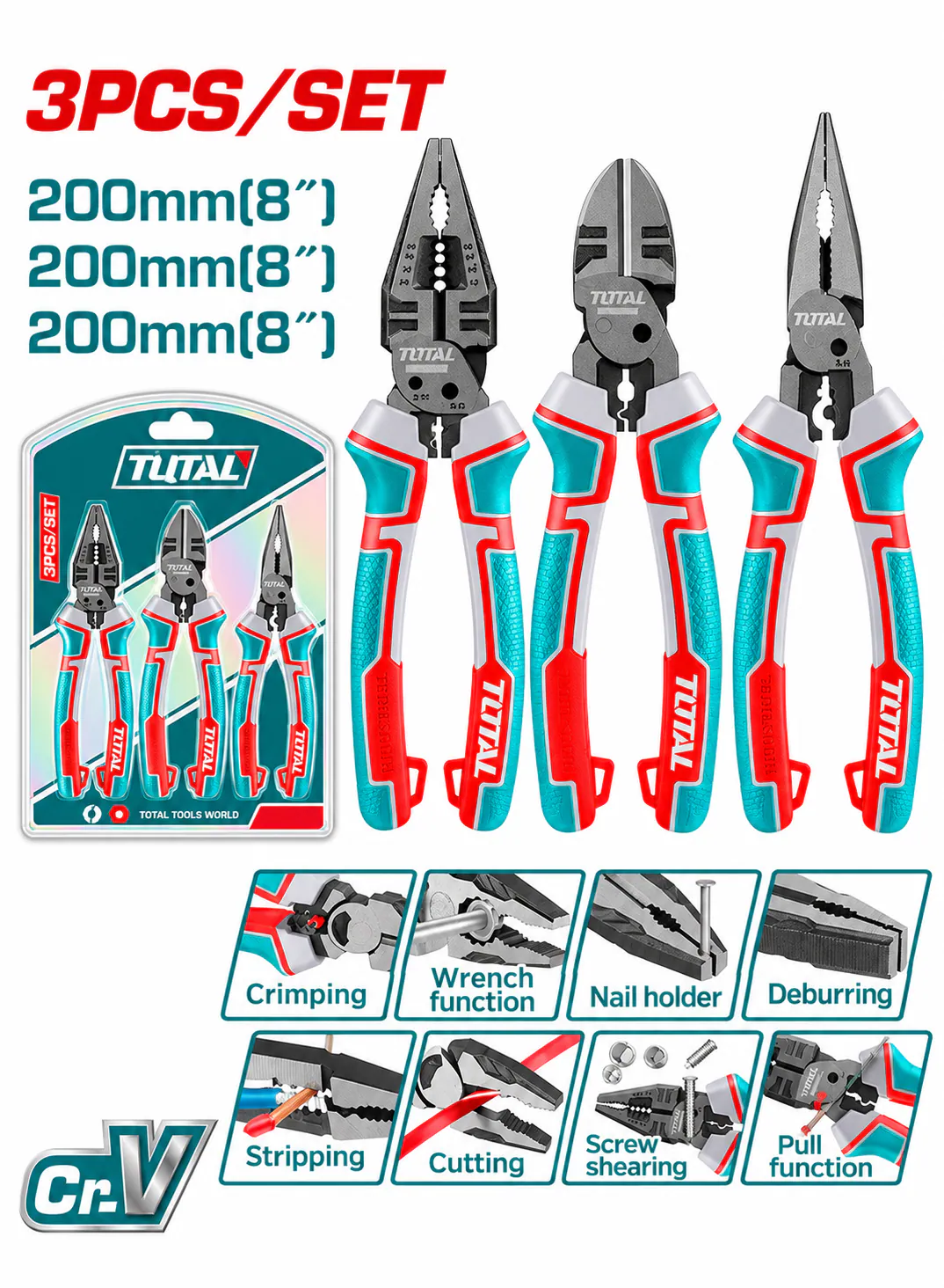 TOTAL Industrial 3-Piece Multifunction Pliers Set – 8" Cr-V Steel