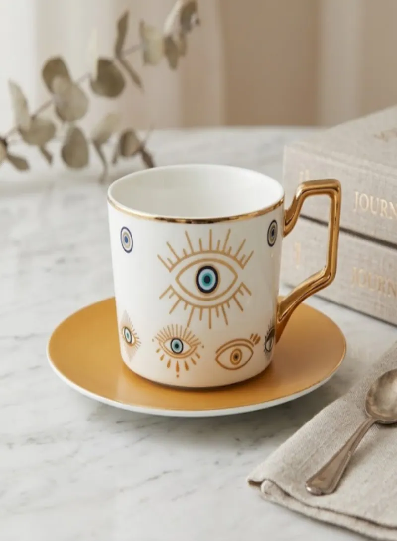 Luxury Evil Eye Ceramic Coffee Cup & Saucer Set – Gold Handle Tea & Coffee Mug