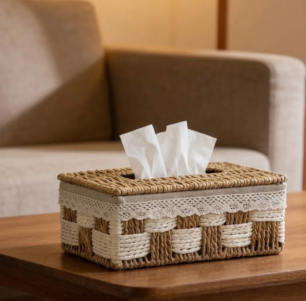 Elegant Handwoven Tissue Box Cover & Storage Basket Set – Natural Wicker with Fabric Lining 3