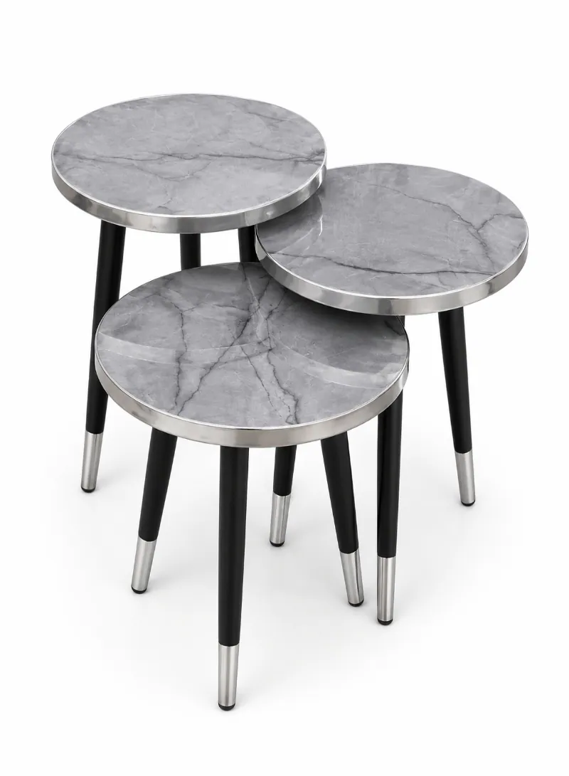 3-Piece Nesting Table Set – Grey Marble-Effect MDF Top with Silver & Black Metal Legs