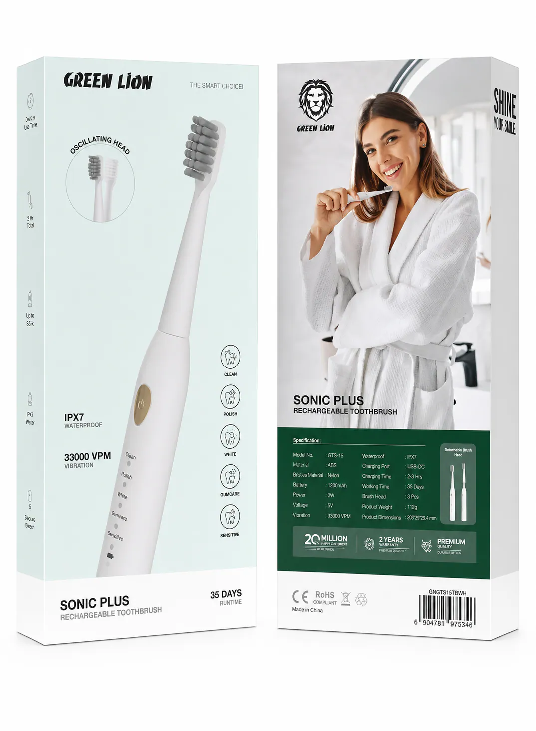 Green Lion Sonic Plus Rechargeable Toothbrush with 33,000 VPM, 3 Brush Heads & 35-Day Runtime 3