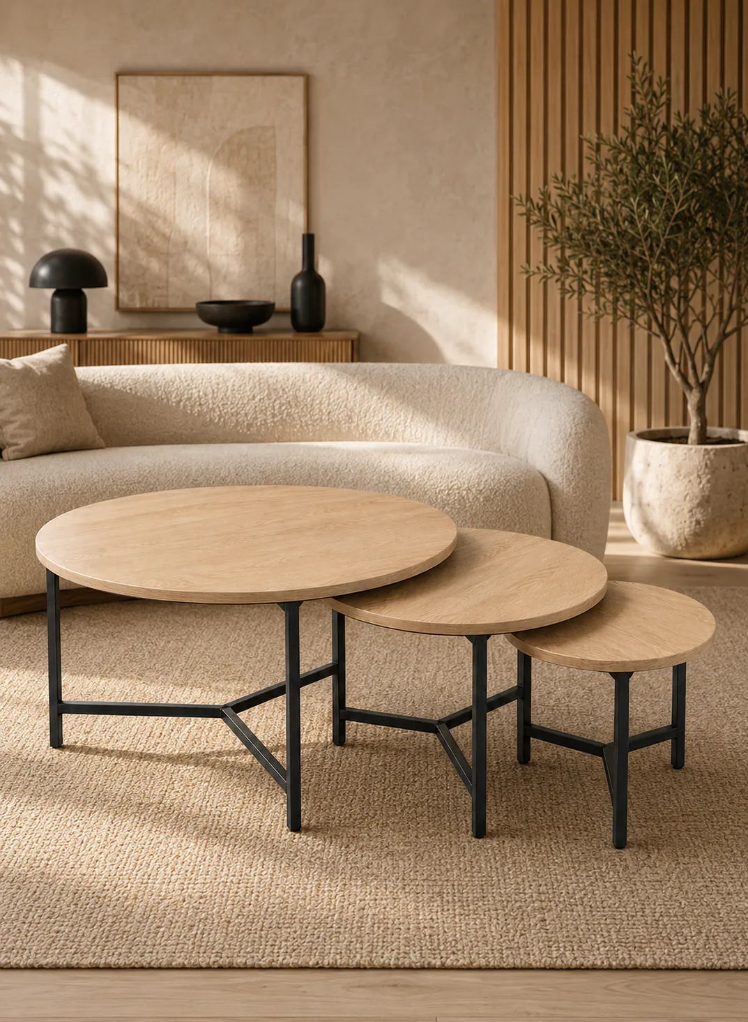 3-Piece Round Turkish Wood Table Set – Natural Wood with Black Metal Legs 2