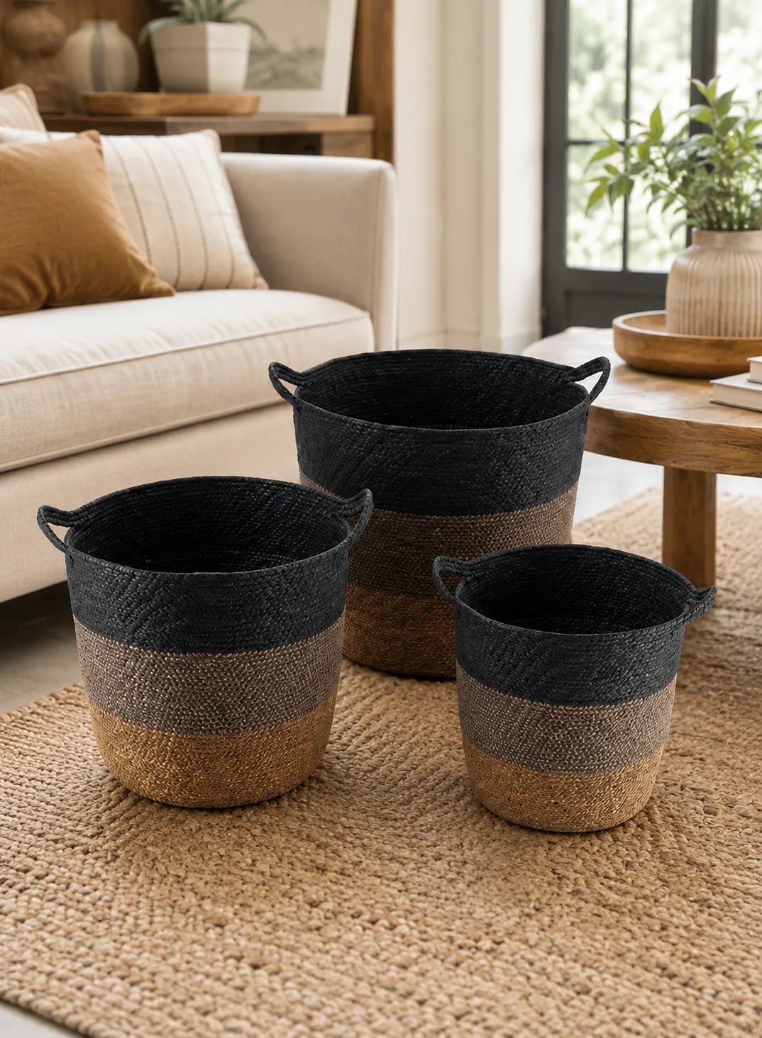 Bamboo Basket Set 3 Pieces – Black, Grey & Brown Woven Storage Baskets with Handles