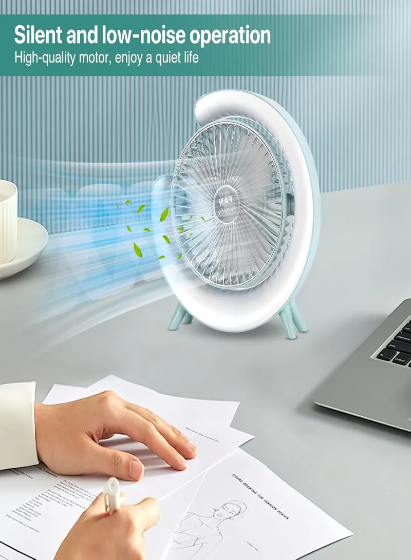 360° Rotatable Desk Fan with Table Lamp – 3-Speed Rechargeable Fan with Ambient Colorful Night Light, 1800mAh 6