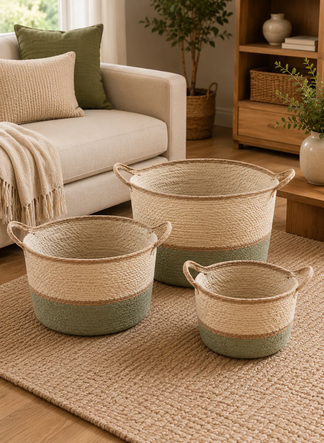 Bamboo Basket Set 3 Pieces – Natural & Green Woven Storage Baskets with Handles