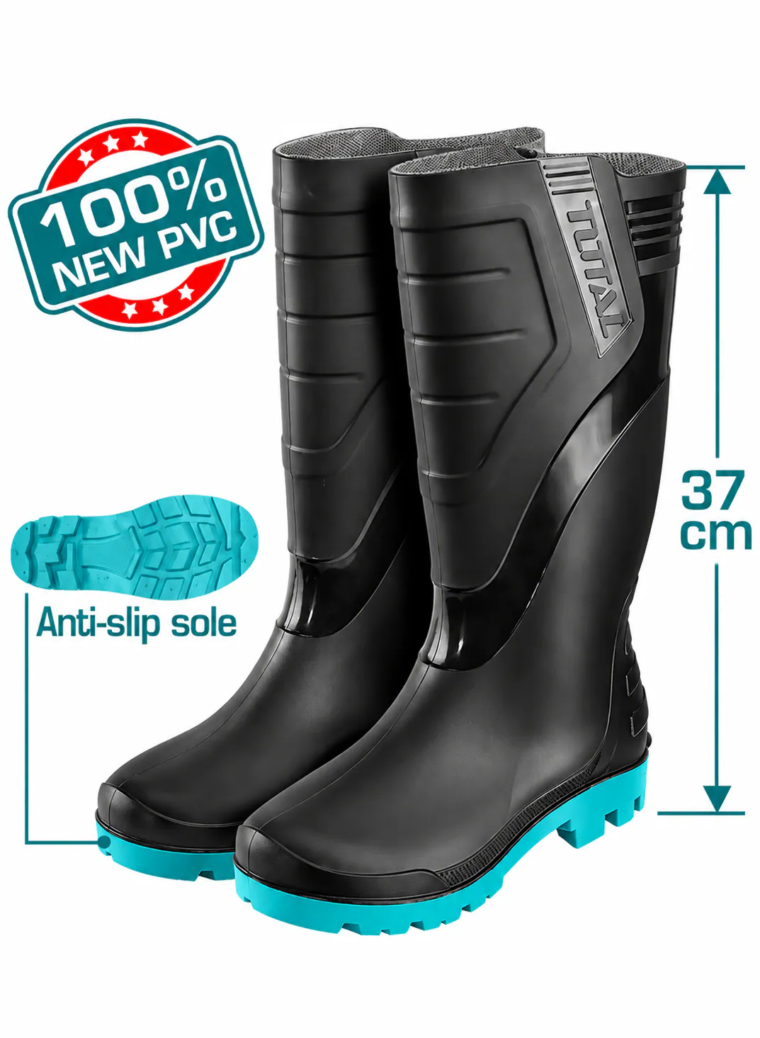 TOTAL Black PVC Rain Boots – 100% New PVC – 37cm Height – Anti-Slip Sole – Heavy-Duty Waterproof Industrial Work Boots – Outdoor Protective Footwear