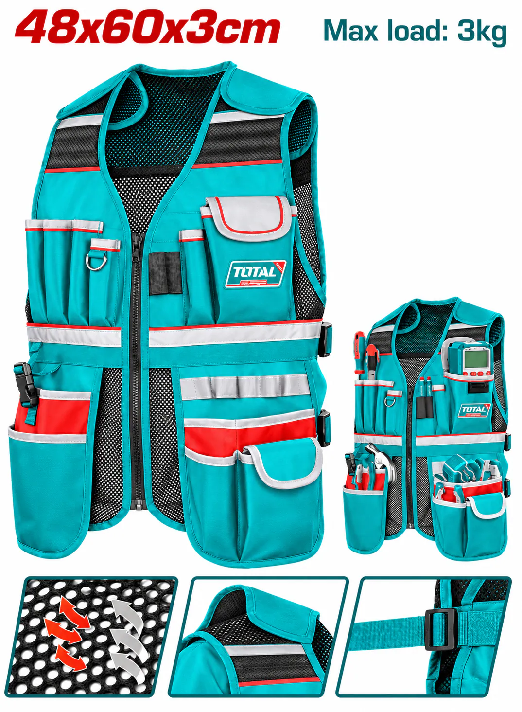 TOTAL Professional Tool Vest – 12 Pockets – Hammer Holder – 48×60×3cm – 3kg Maximum Load Capacity – Adjustable Heavy-Duty Tool Organizer Vest with Reflective Strips