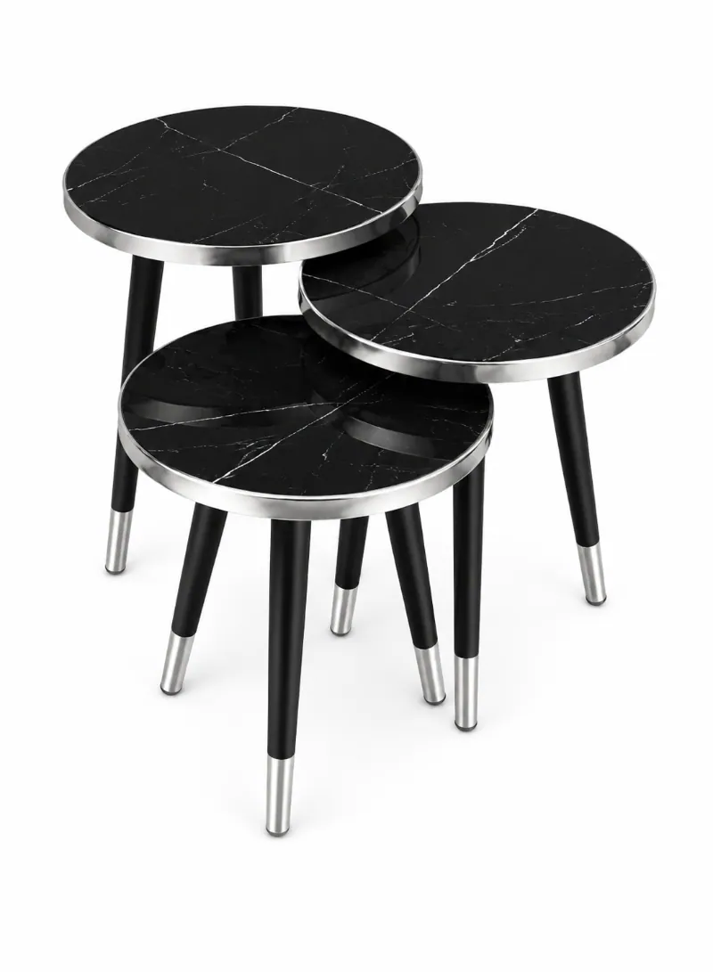 3-Piece Nesting Table Set – Black Marble-Effect MDF Top with Silver & Black Metal Legs