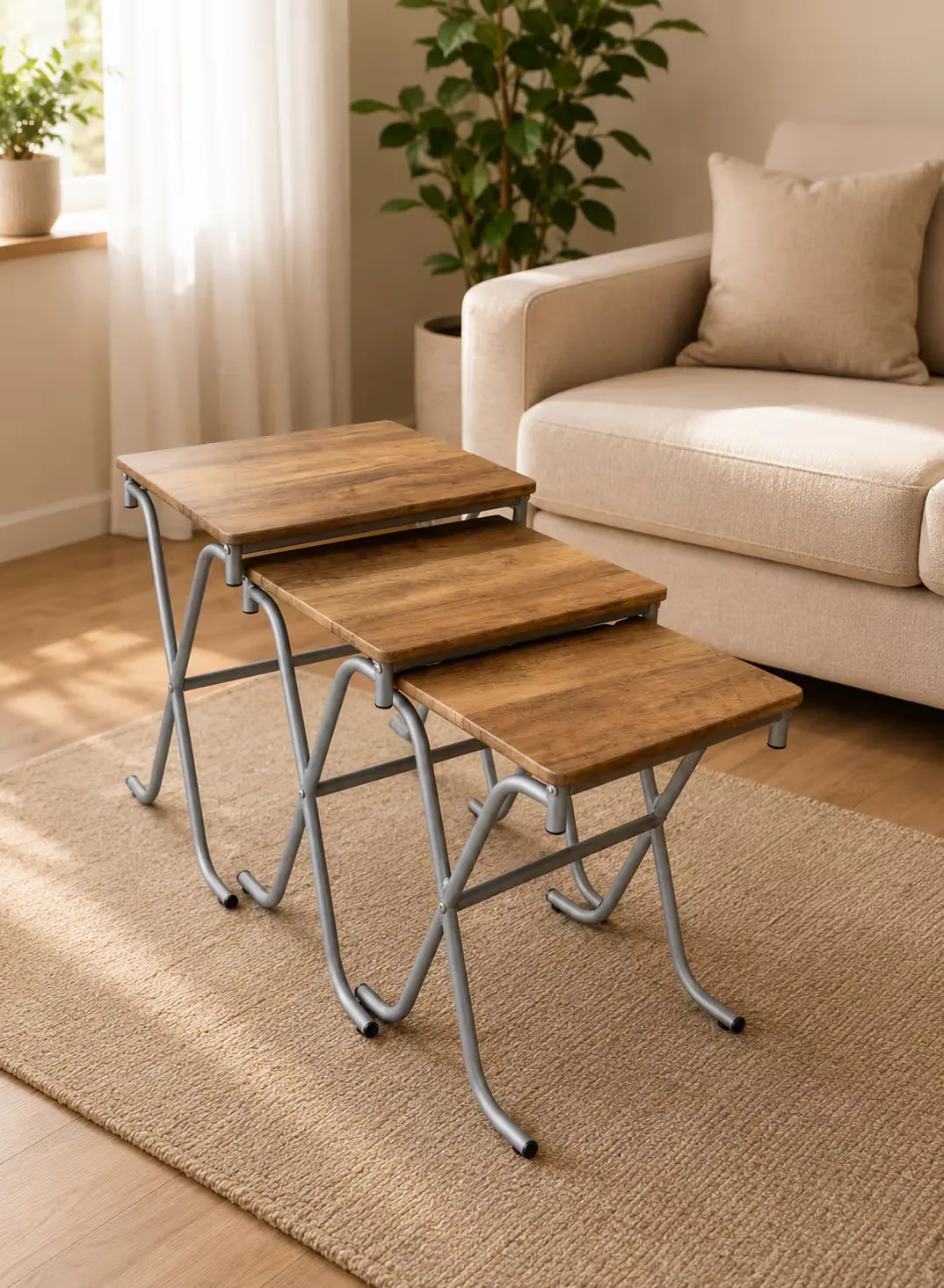 3-Piece Folding Nesting Table Set – Rustic Brown Wood & Grey Metal 2