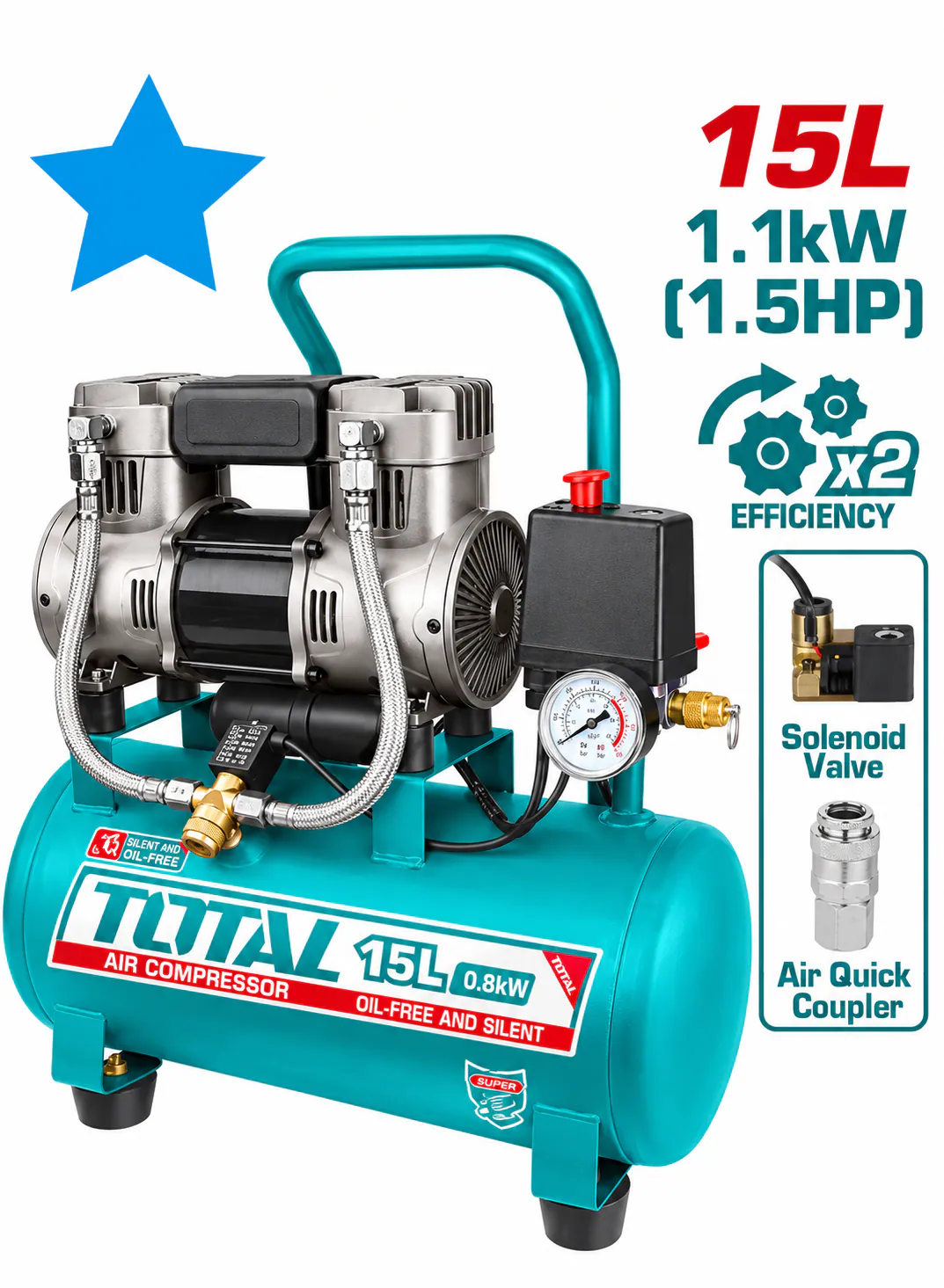 TOTAL 15L Oil-Free Silent Air Compressor – 1.5HP (1.1kW) – Dual-Cylinder System – Portable Air Compressor with Pressure Gauge & Quick Coupler