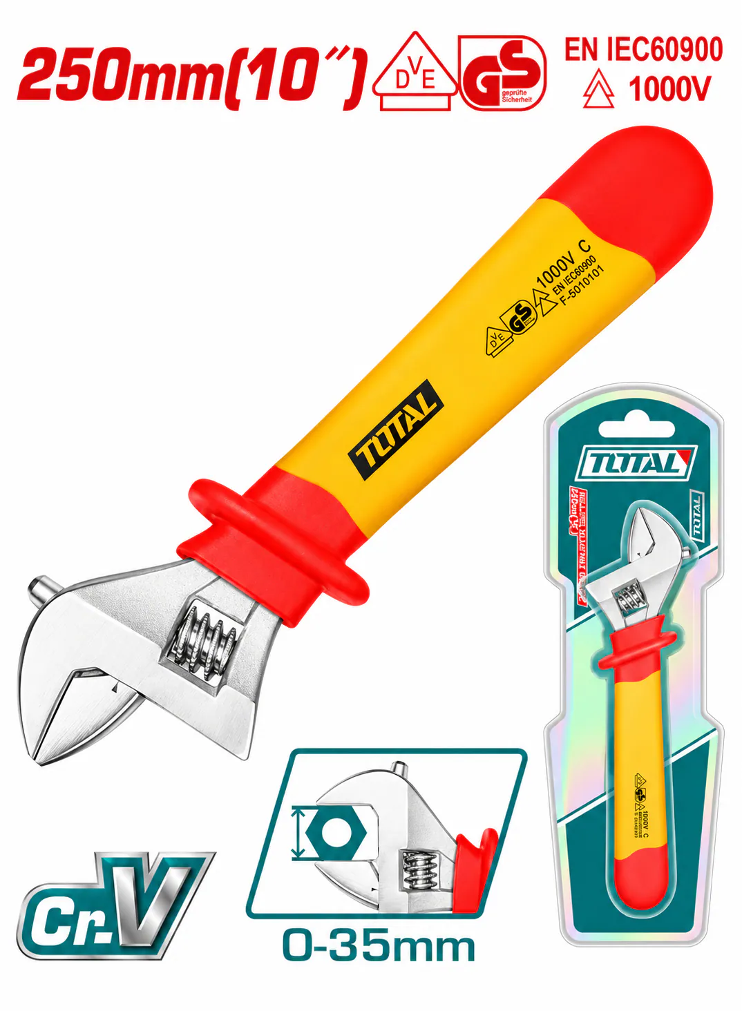 TOTAL 10" (250mm) VDE Insulated Adjustable Wrench – 1000V – Cr-V Steel – 0–35mm Jaw Opening – EN IEC 60900 – Heavy-Duty Electrician Wrench