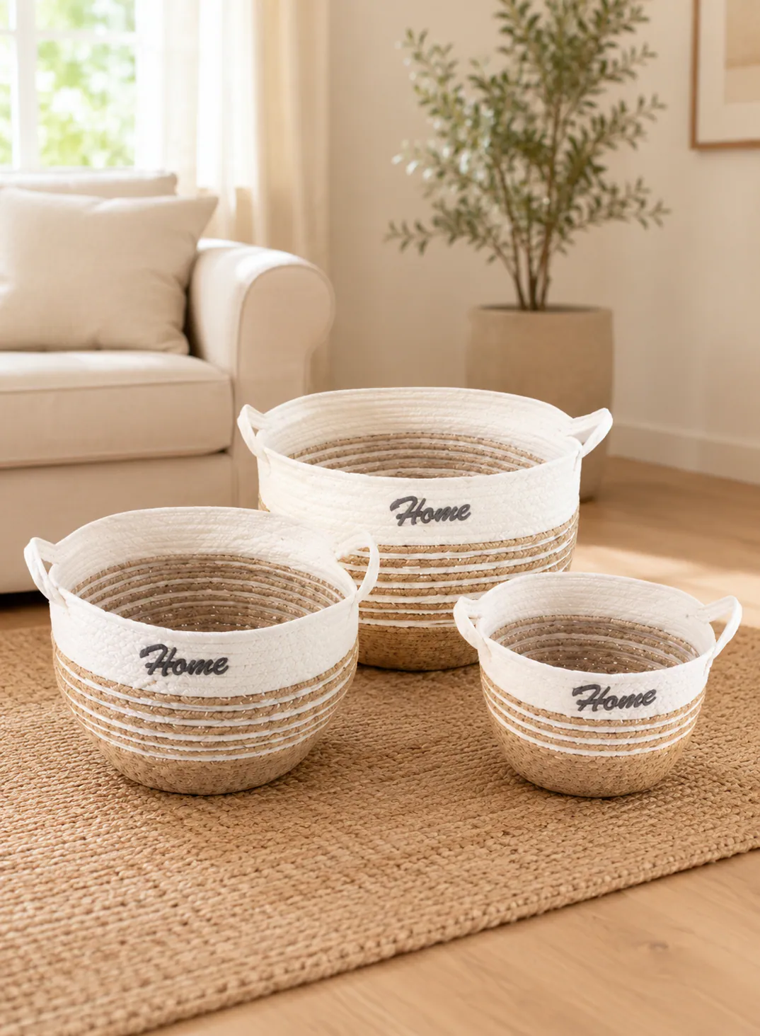 3-Piece Seagrass Basket Set – Natural & White Woven Storage Baskets with Handles