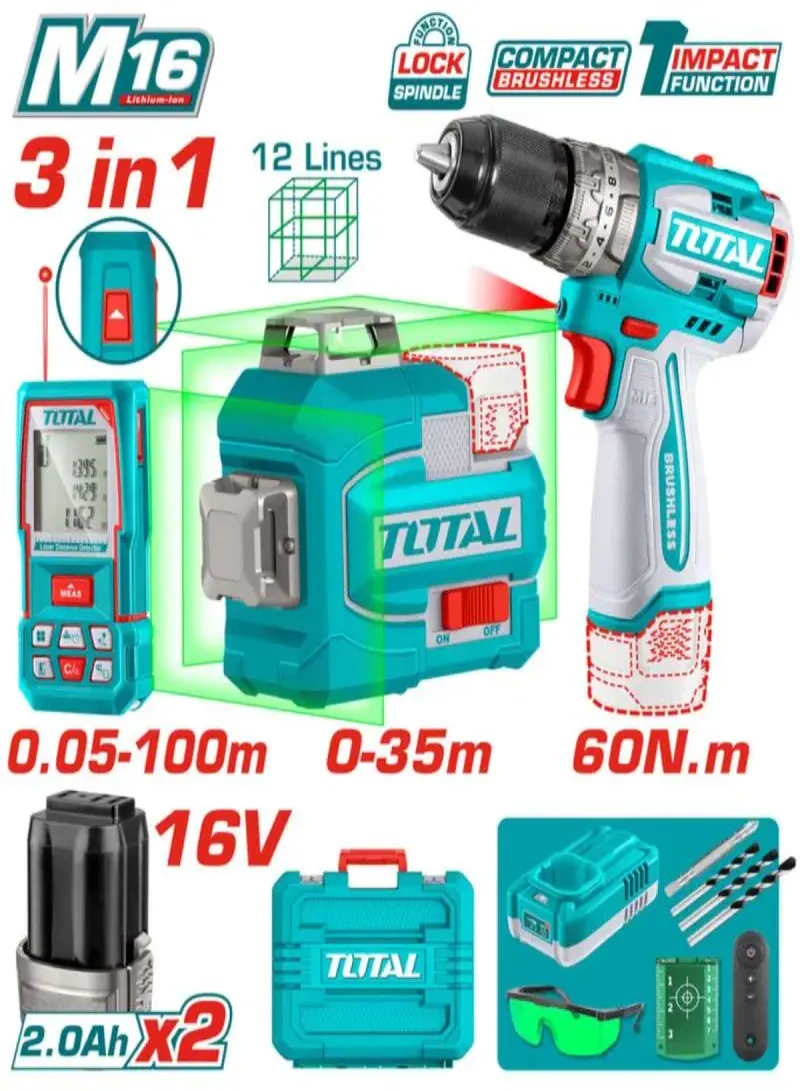 Total 16V Brushless Impact Drill Combo Kit with 3D Laser Level & Laser Distance Meter