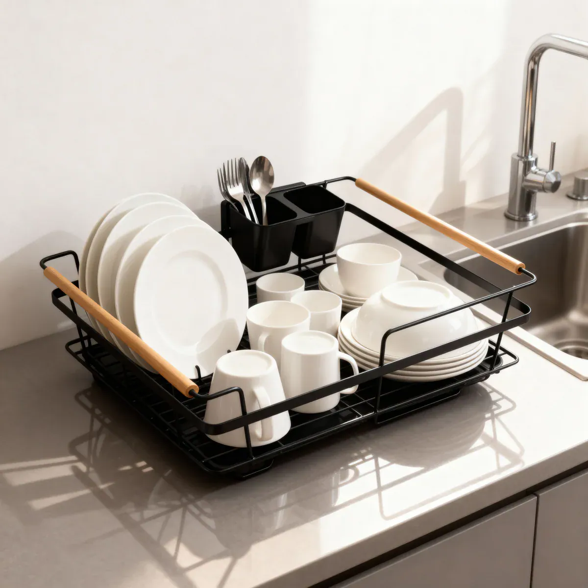 Modern Countertop Dish Drying Rack with Wooden Handles