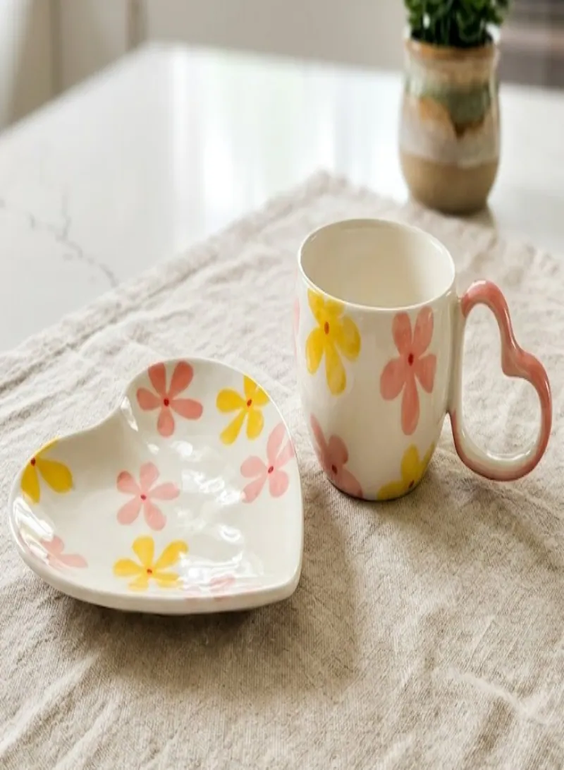 Floral Ceramic Mug with Heart-Shaped Handle & Heart Plate – Coffee & Tea Gift Set