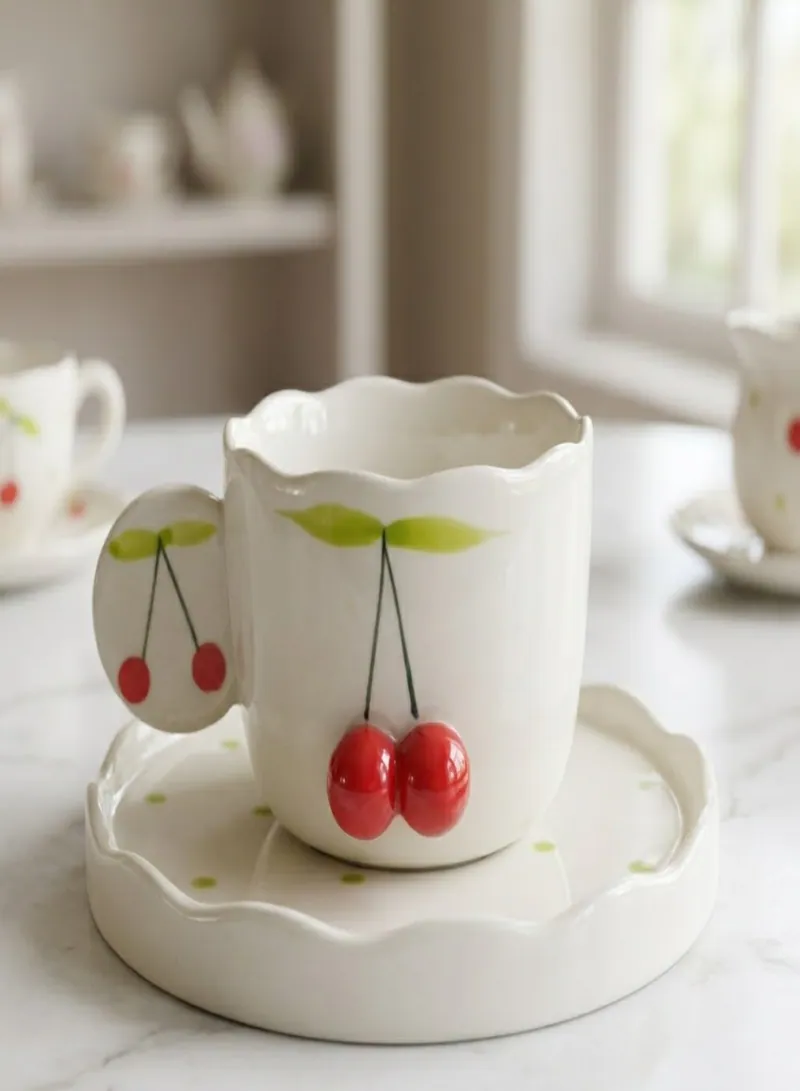 Cherry Blossom Ceramic Mug with Matching Saucer – Cute Berries Coffee Cup Set