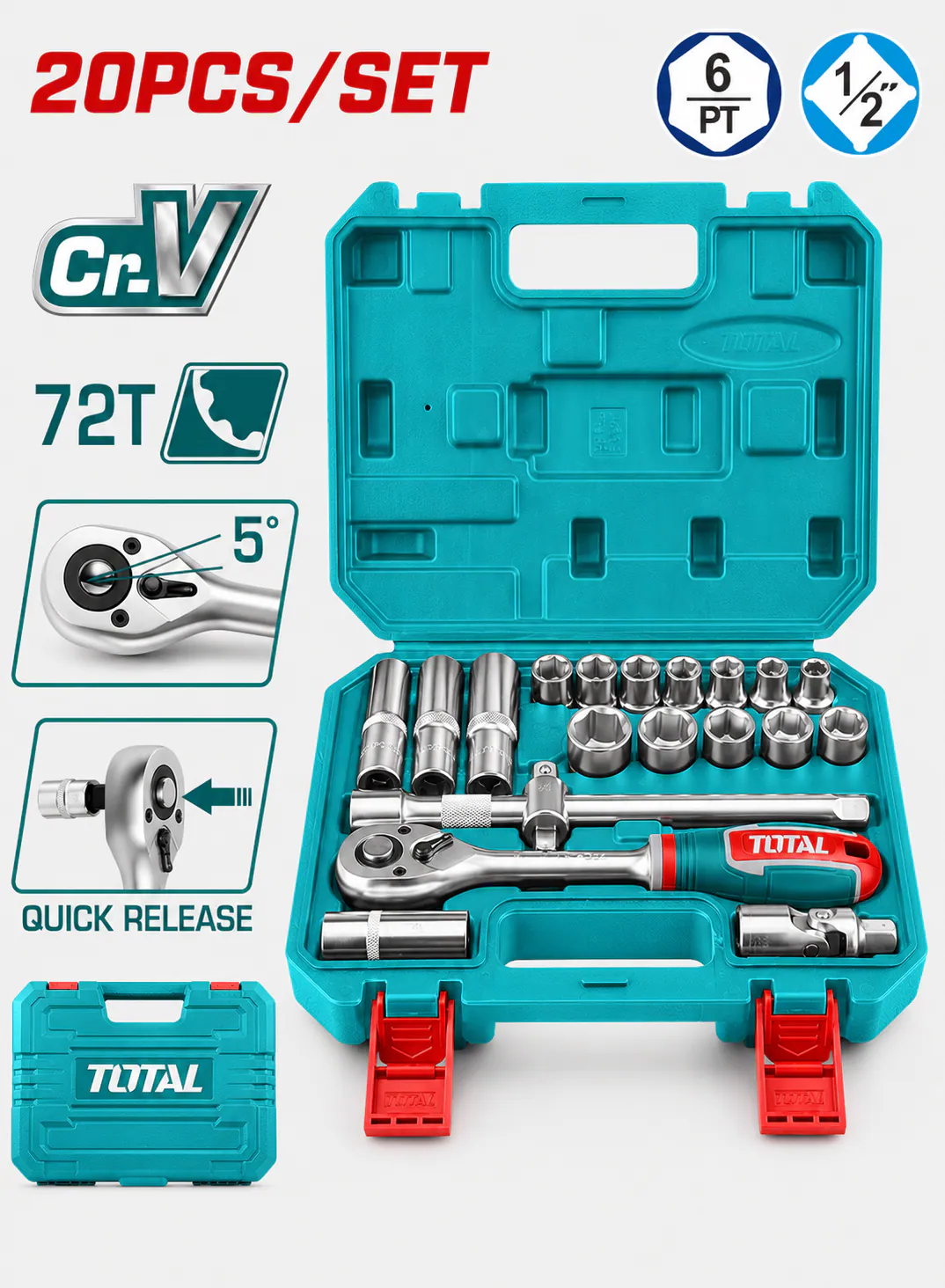 TOTAL 20-Piece 1/2" Socket Set with 45T Ratchet, Deep Sockets & BMC Case | CR-V