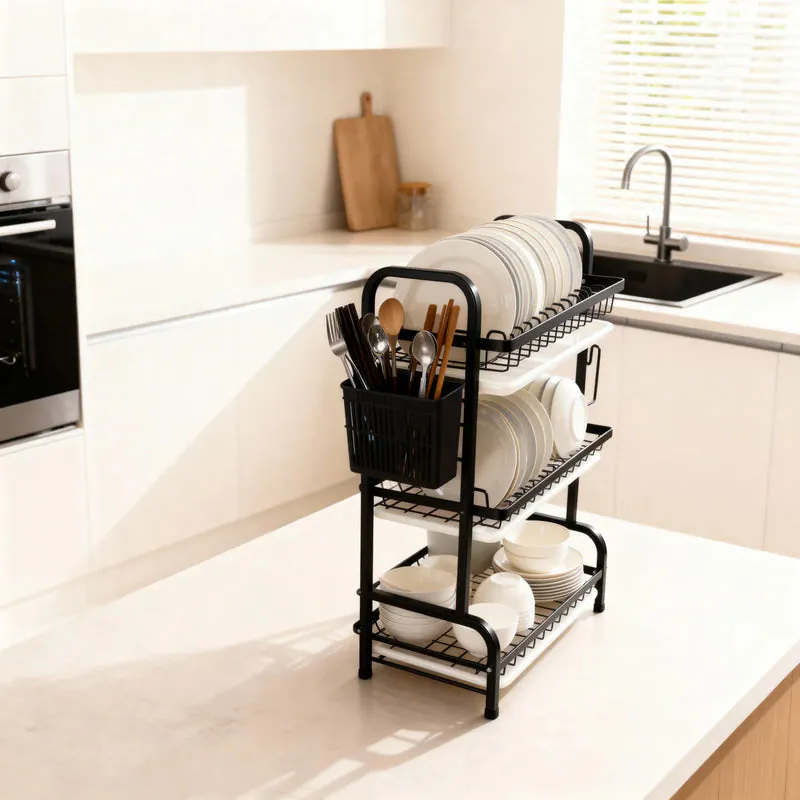 3-Tier Countertop Dish Drying Rack with Utensil Holder & Drain Trays 2