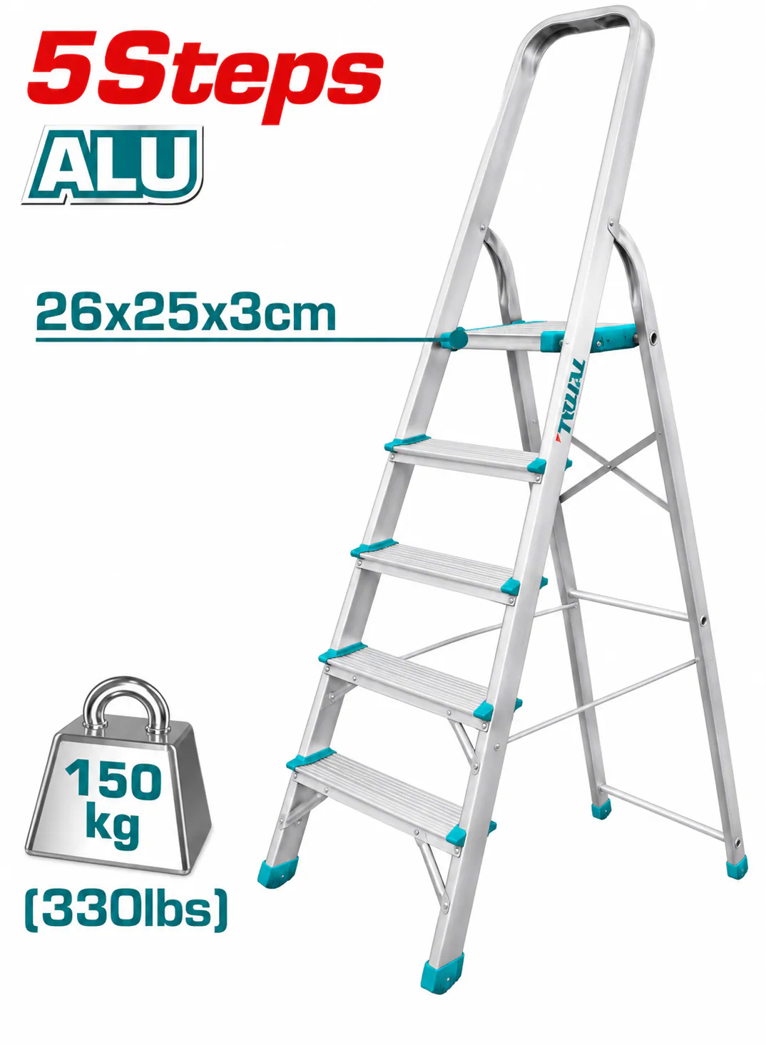 TOTAL 5-Step Aluminum Household Ladder – 150kg (330lbs) Load Capacity – 26×25×3cm Top Platform – Foldable A-Frame Step Ladder with Safety Handrail – Heavy-Duty Home Ladder