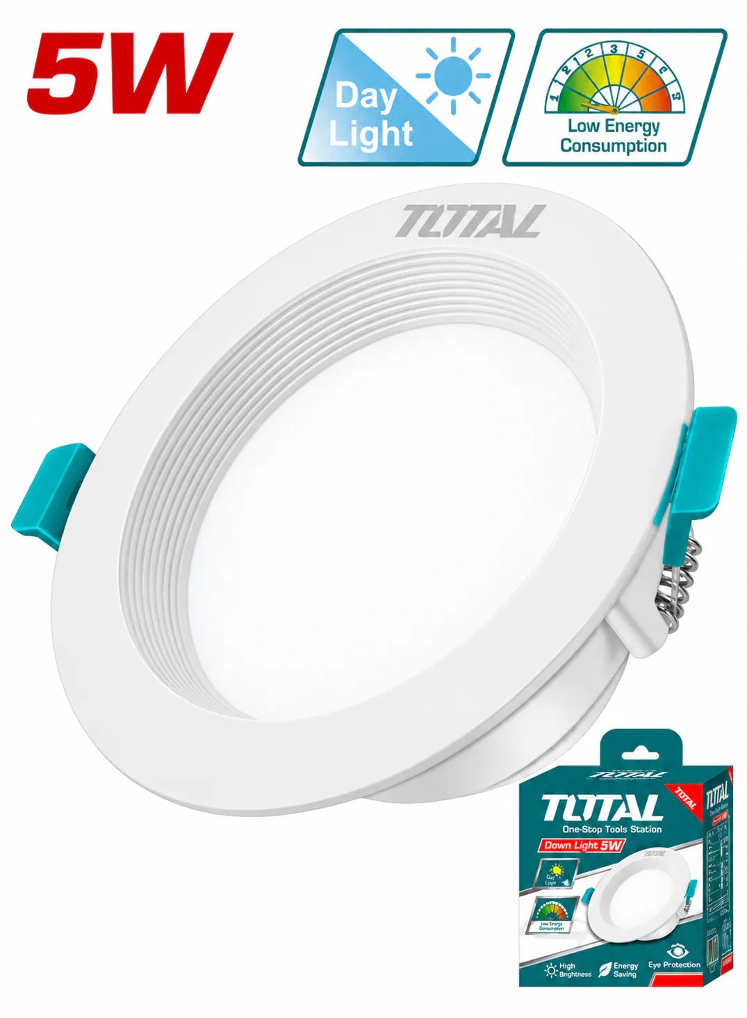 TOTAL 5W Round Recessed LED Downlight – 65–75mm Cut-Out Size – Daylight White – Energy-Saving Ceiling Spotlight – White Frame
