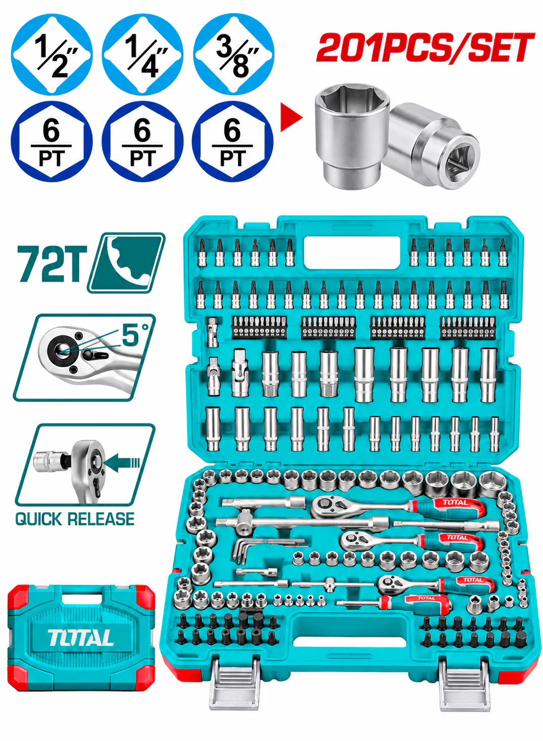 TOTAL 201PCS Socket Wrench Set – 1/4", 3/8" & 1/2" Drive – 72T Ratchet Handles – 6-Point Sockets – Quick Release – Carrying Case