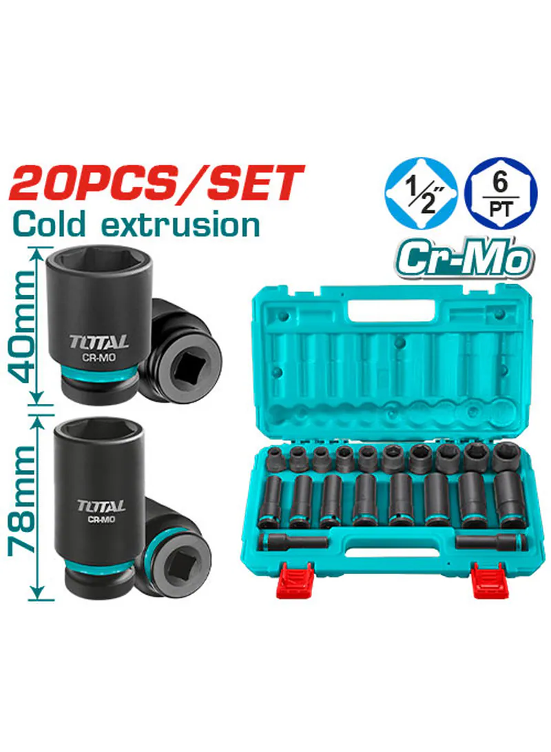 TOTAL 20PCS 1/2" Drive Impact Socket Set – Cr-Mo Steel – 6-Point Deep & Standard Sockets – Industrial Grade – Carrying Case