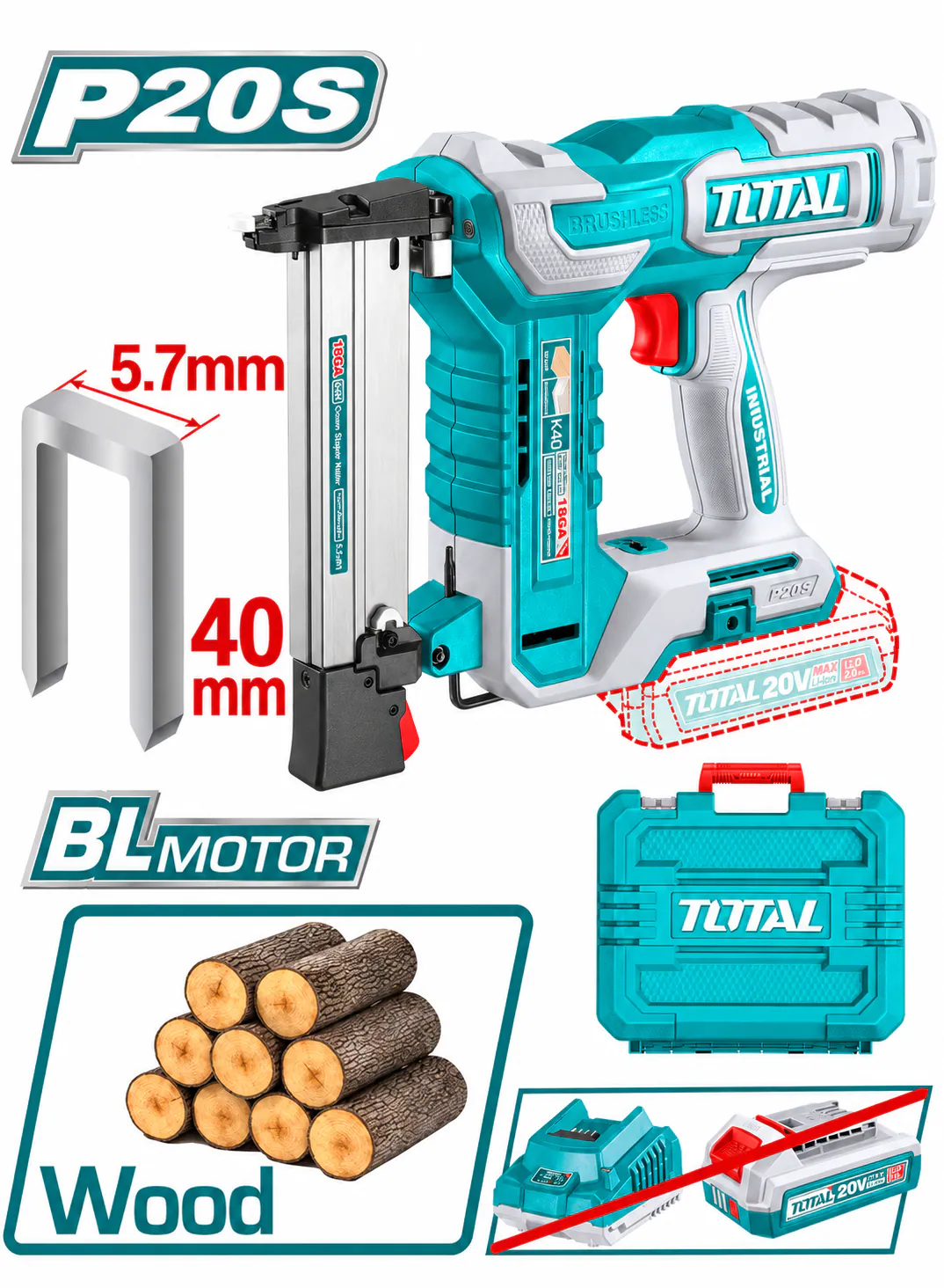 TOTAL 20V Cordless Brushless Staple Gun – 18GA – 5.7mm Crown Width – 40mm Staple Length – P20S (Tool Only)