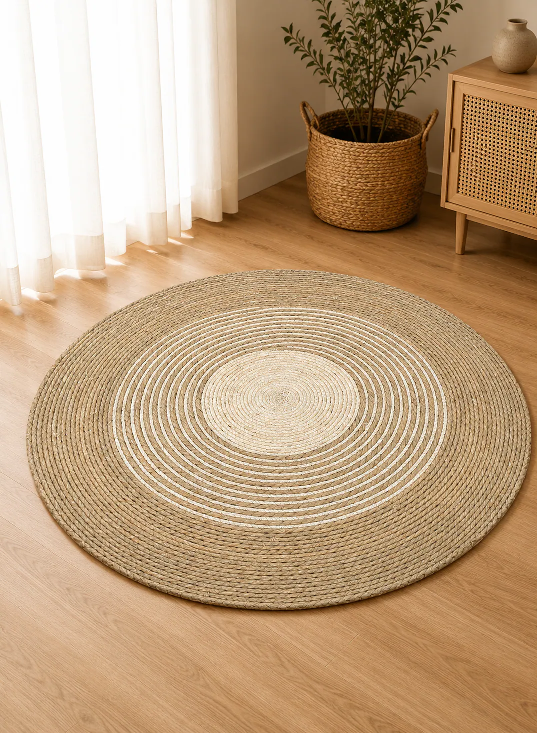 Seagrass Mat 100cm – Round Natural Woven Floor Mat with White Spiral Design