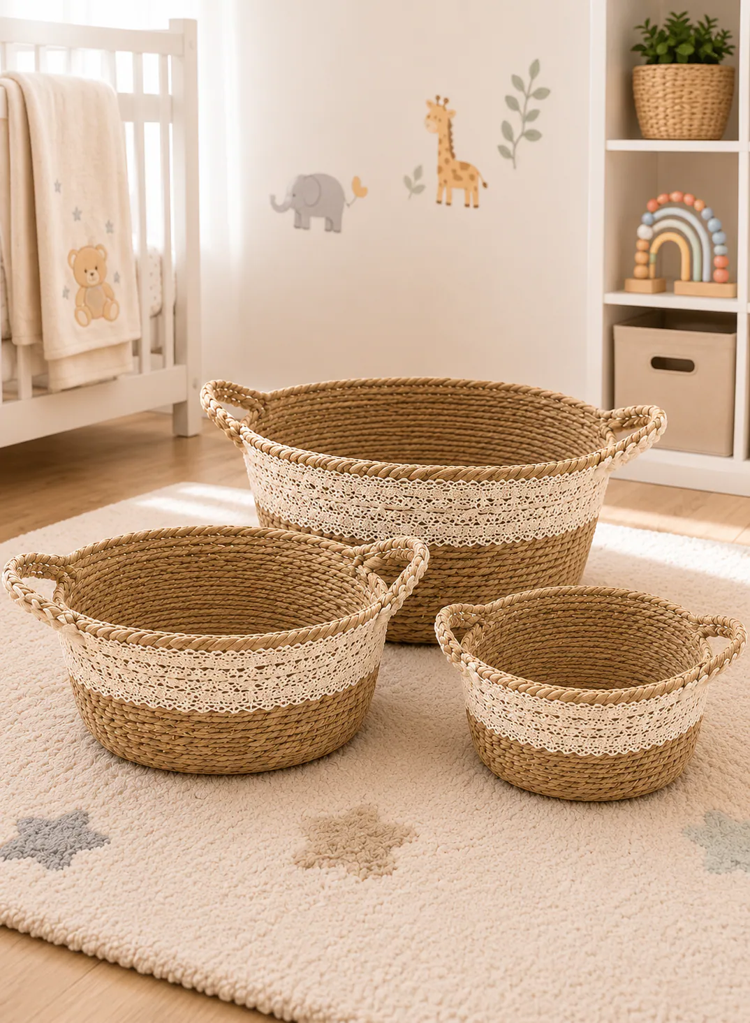 Seagrass Basket Set 3 Pieces – Natural Woven Storage Baskets with Handles