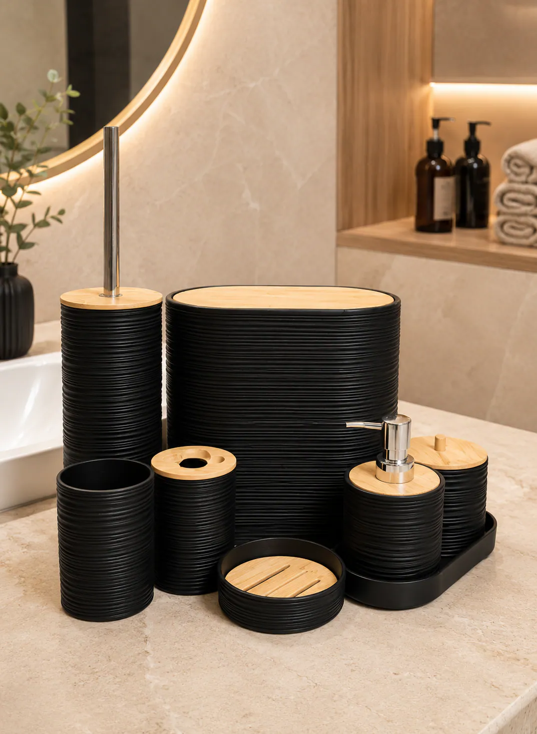 8-Piece Ribbed Bathroom Accessories Set with Bamboo Details – Black