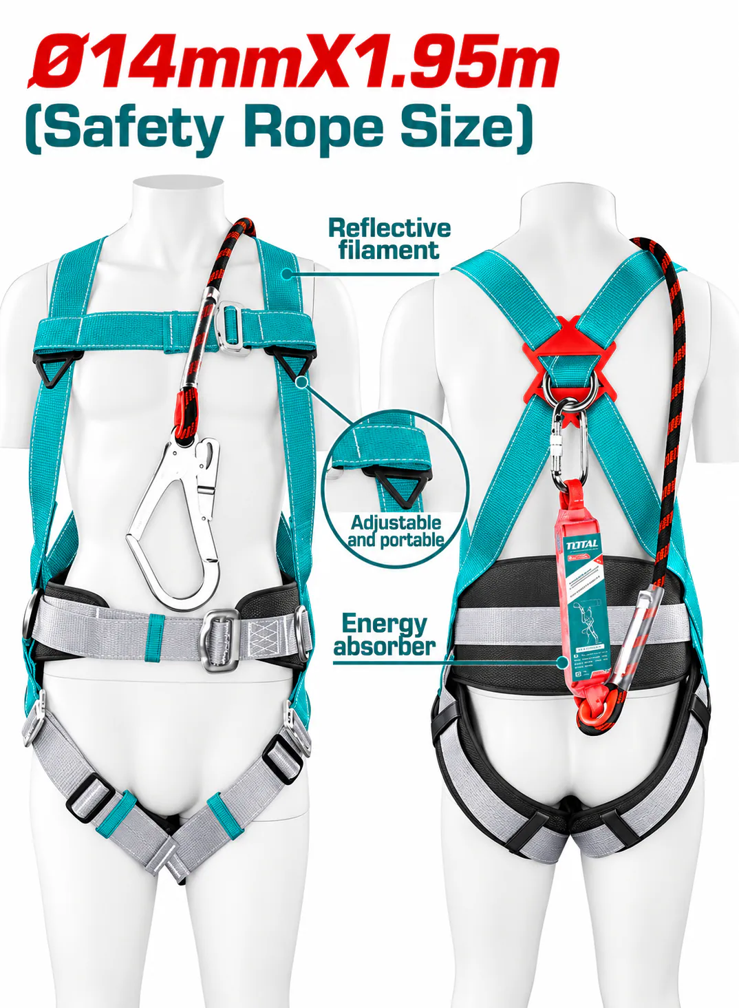 TOTAL Full Body Safety Harness with 1.95m Safety Rope – 14mm Diameter – Energy Absorber – Reflective Lanyard – Adjustable Fall Protection Harness with Safety Hooks
