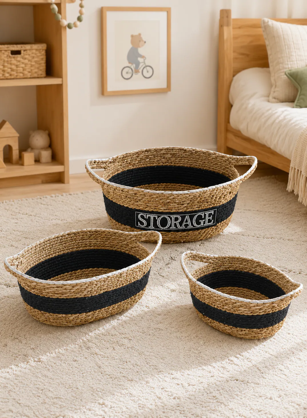 Seagrass Basket Set 3 Pieces – Natural & Black Woven Storage Baskets with Handles