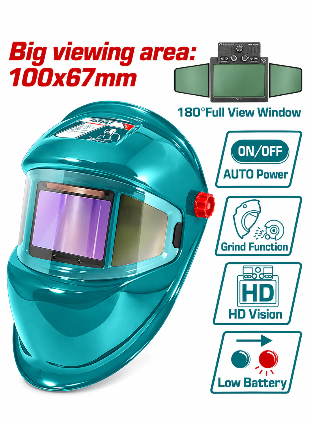 TOTAL Large View Automatic Darkening Welding Helmet – 100×67mm Viewing Area – 180° Full View Window – HD Vision – Grinding Function – Automatic ON/OFF – Low Battery Indicator – Heavy-Duty Industrial Welding Mask