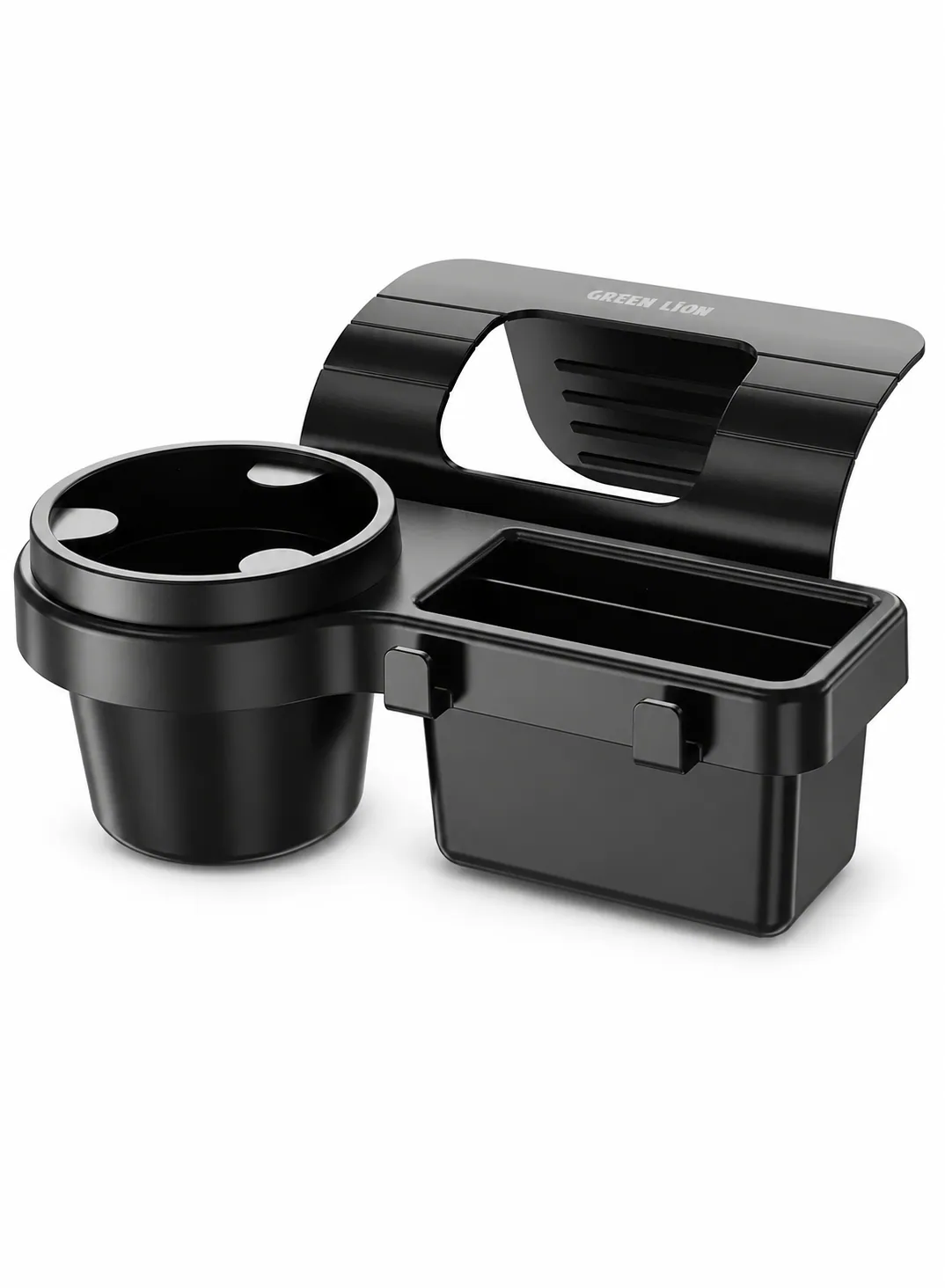 Green Lion Car Window Organizer with Anti-Shake Cup Holder, Hanging Hooks & Cable Slot – Black