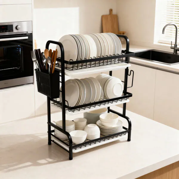 3-Tier Countertop Dish Drying Rack with Utensil Holder & Drain Trays