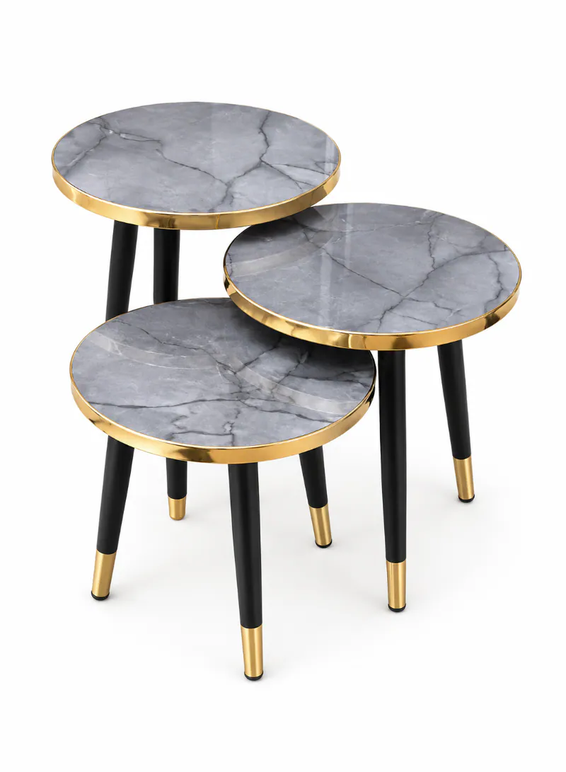 3-Piece Nesting Table Set – Grey Marble-Effect MDF Top with Gold & Black Metal Legs