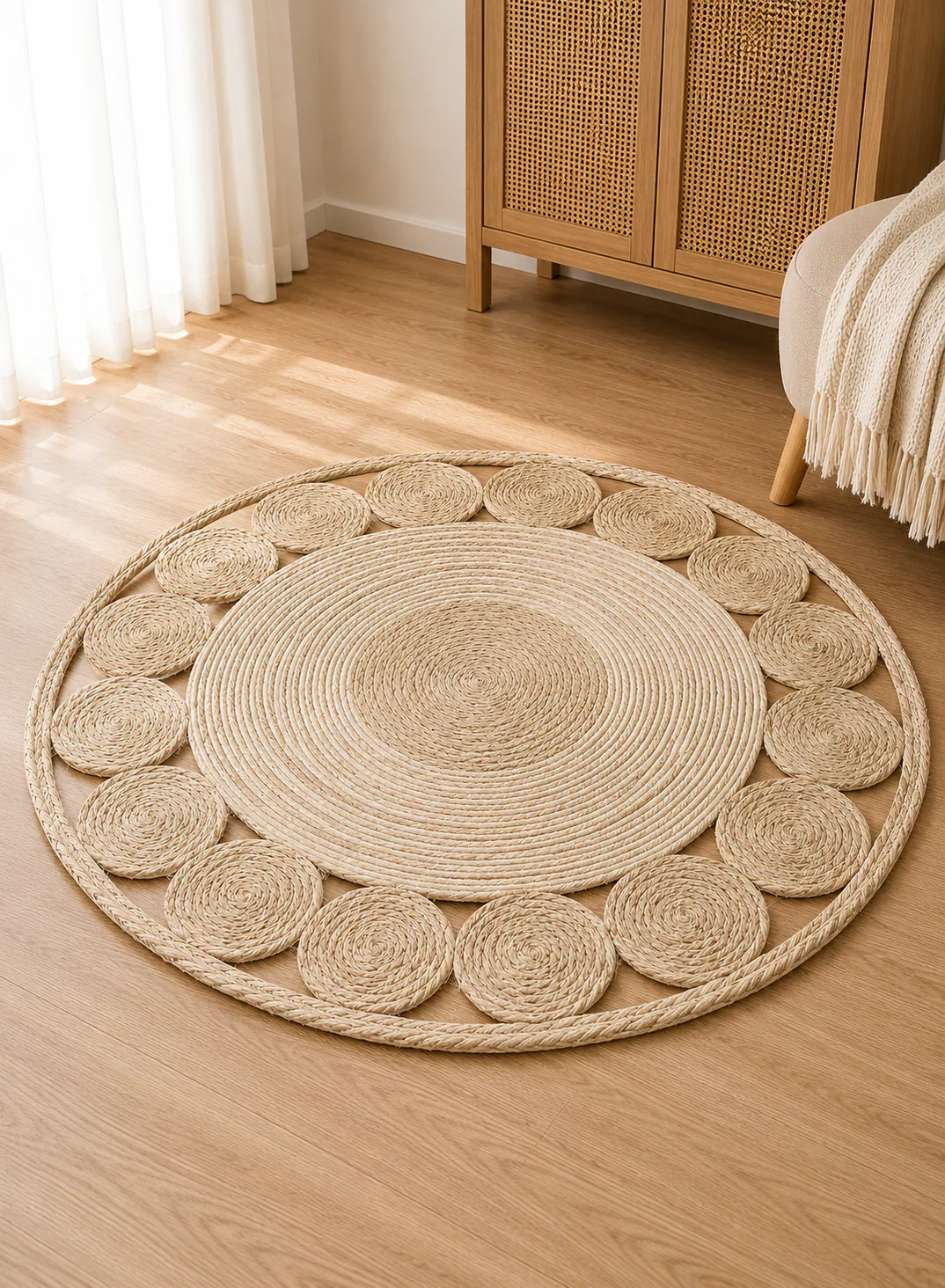 Seagrass Mat 120cm – Round Natural Woven Floor Mat with Circle Border Design