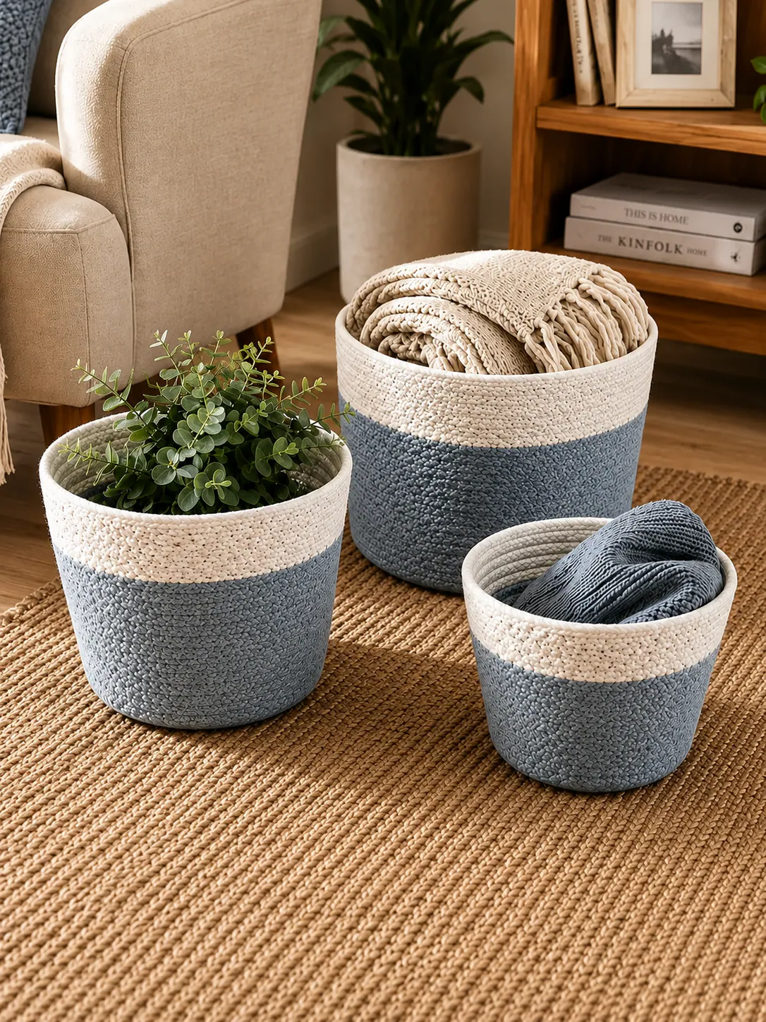 Bamboo Basket Set 3 Pieces – Blue & White Woven Storage Baskets