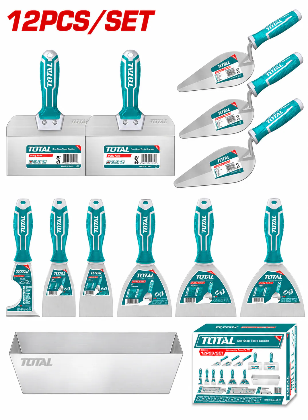 TOTAL 12PCS Professional Plastering & Masonry Tool Set – Stainless Steel Putty Knives, Scrapers, Bricklaying Trowels & Mud Pan – Construction Finishing Set