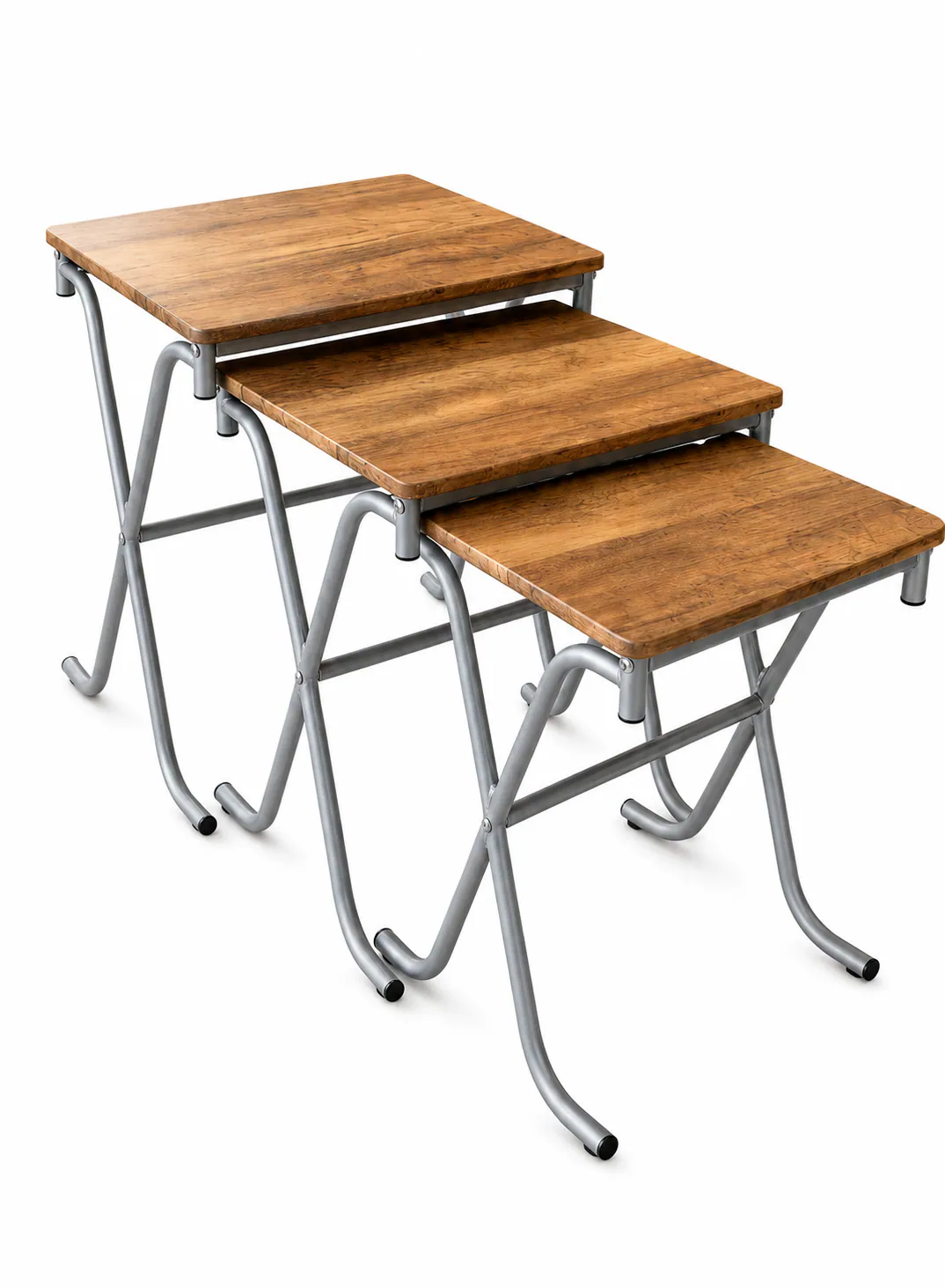 3-Piece Folding Nesting Table Set – Rustic Brown Wood & Grey Metal
