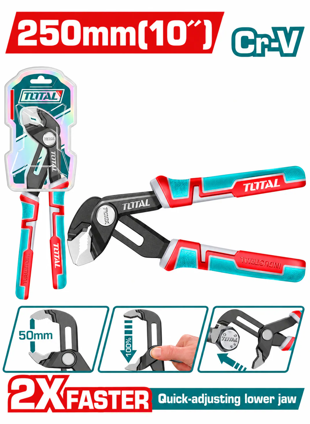 TOTAL 10" (250mm) Quick-Adjusting Water Pump Pliers – 50mm Jaw Capacity – Cr-V Steel – 2X Faster Adjustment – Heavy-Duty Automatic Groove Joint Pliers