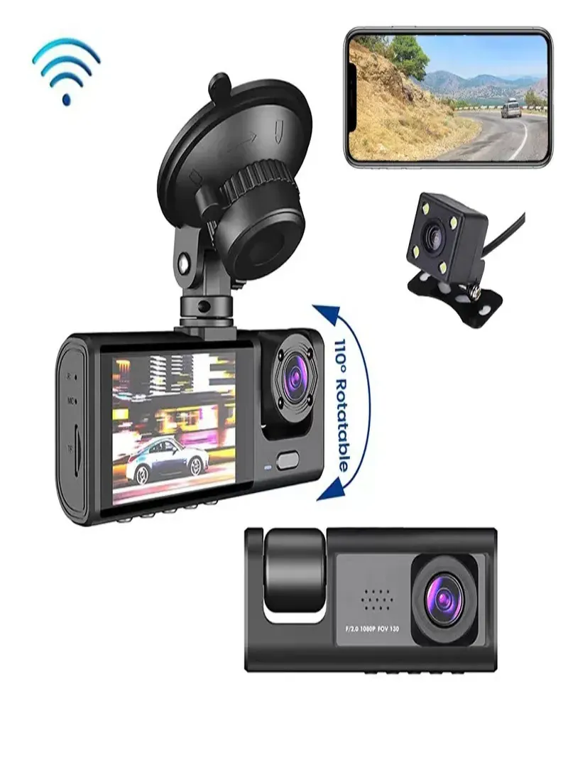 3-Channel Car Dash Camera – Front, Inside & Rear View 1080P Dash Cam