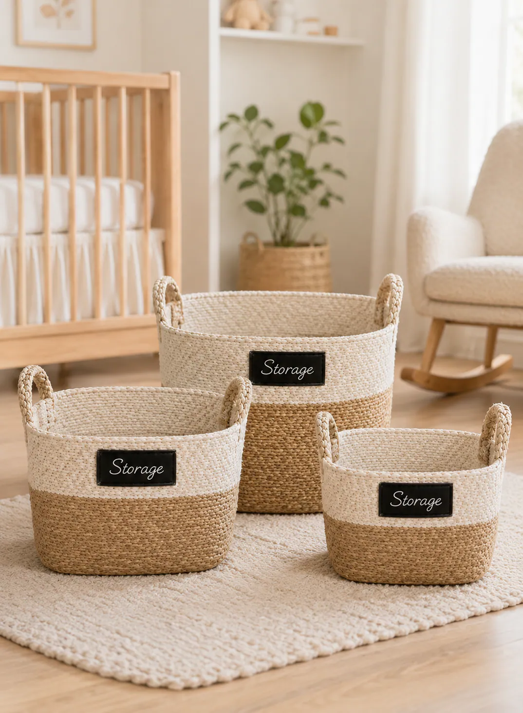 Seagrass Basket Set 3 Pieces – Natural & White Woven Storage Baskets with Handles