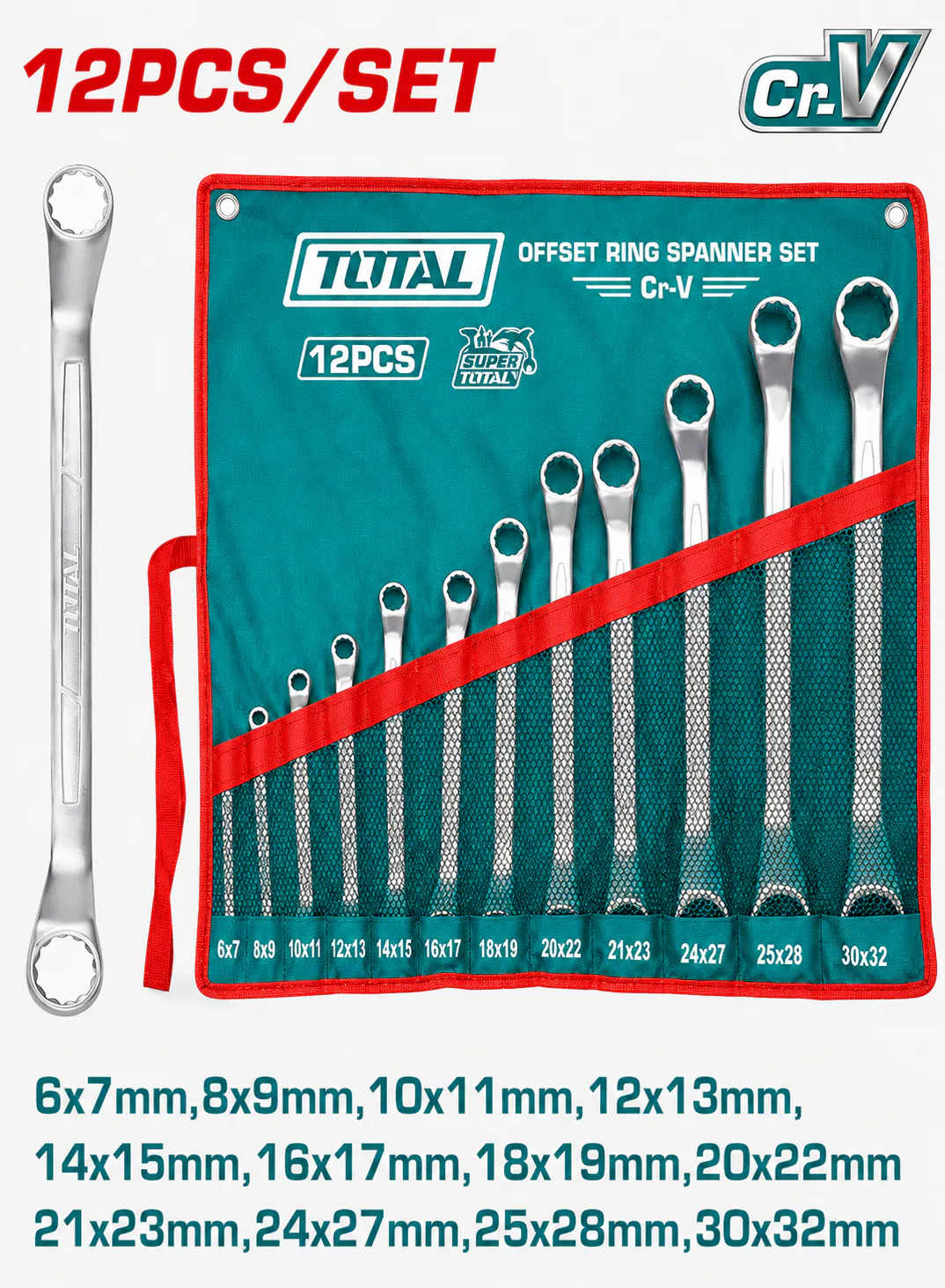 TOTAL 12-Piece Offset Ring Spanner Set 6–32mm with Canvas Bag